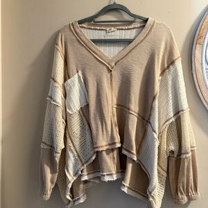 Relaxed Patchwork V-Neck Women’s Top in Beige and Cream